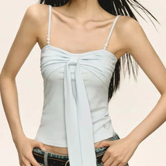 Blue Bow Ribbon Beaded Camisole Top