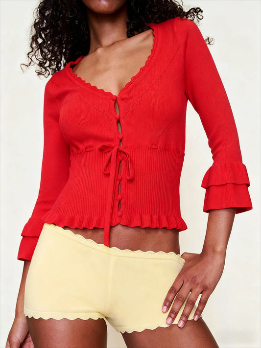 Knit Cropped Drawstring Cardigan Top