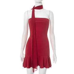 Strapless Solid Scarf Collar Ruffle Mini Dress
