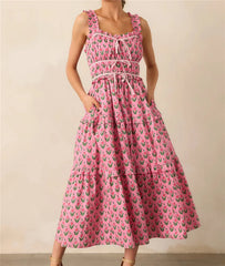 Pink Ruched Printed Maxi Dress