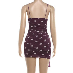 Purple Polka Dot Mesh Tie Up Ruched Waist Mini Dress