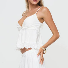 V-Neck Embroidery Smocked Babydoll Top