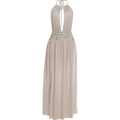 Halter Open Back Slit Button Applique Strap Maxi Dress
