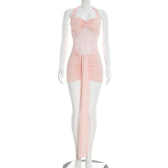 Mesh Patchwork Halter Bandage Wrap Bodycon Mini Dress
