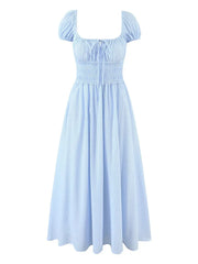 Striped Short Sleeve Ruched Bow Midi Dress