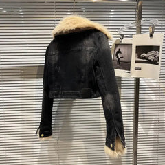Faux Fur Collar Quilted Denim Crop Jacket