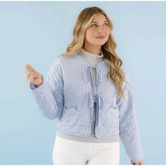 Blue Gingham Heart-Shaped Pocket Padded Jacket