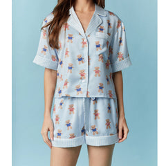 Blue Bear Print V Neck Short Sleeve Top with Shorts Lounge Wear Set