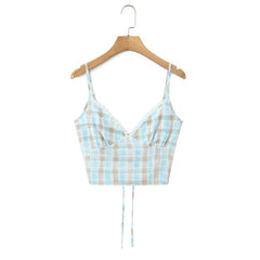 Plaid Print Bow Crop Top And Ruffles Hem Midi Skirt Set