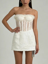 White Sequin Strapless Feather Lace Mini Dress