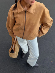 Brown Suede Zipper Jacket With Shorts