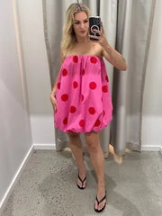 Sleeveless Polka Dot Puff Hem Mini Dress