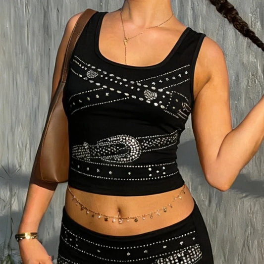 Black Rhinestone Belt Desgin Tnak Top