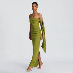 Slash Neck Off-Shoulder Ribbon Split Maxi Dress