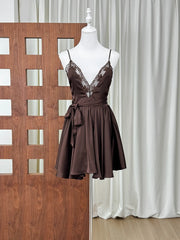 Brown Satin Spaghetti Strap Lace Patchwork Mini Dress