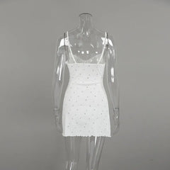 White Printed Ribbed Spaghetti Strap Nightie Sleepwear Dress