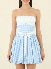 Blue Bow Plaid Short Dress