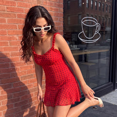 Red Polka Dot Ruffle Edge Mini Dress