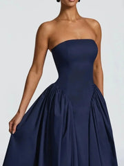 Strapless Lace Up Flare Pleated Midi Dress