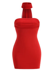 Strapless Folds Mini Dress With Mesh Scarf