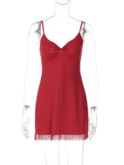 Red Spaghetti Strap Tassel Hem Mini Dress