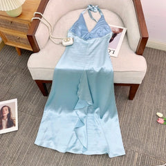 Blue 3D Flower Applique Mesh Halter Midi Dress