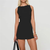 Solid Sleeveless Open Back O-neck Mini Dress