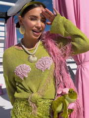 Knit Sheer Shell Embroidered Long Sleeve Round Neck Top