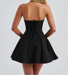 Large Bow Strapless Flare Mini Dress