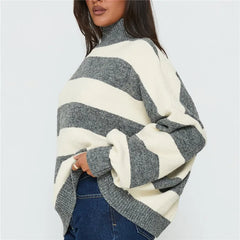 Grey Turtleneck Striped Knit Jumper