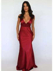 V-neck Satin Backless Pearl Chain Long Dress