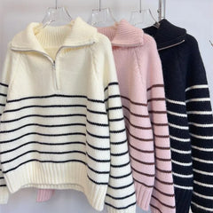 Striped Zipper Collar Sweater
