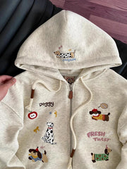 Dog Graphic Embroidery Zip-Up Hoodie