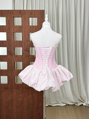 Pink Halter Neck Belted Strap Puff Hem Corset Mini Dress