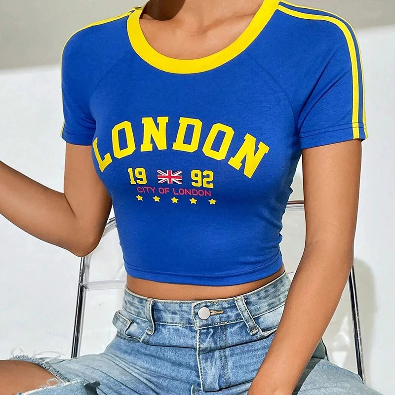 Women's blue London letter printed O-neck short-sleeved crop graphic T-shirt.