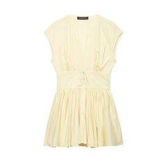 Cap Sleeve Buttoned Pleated Mini Dress
