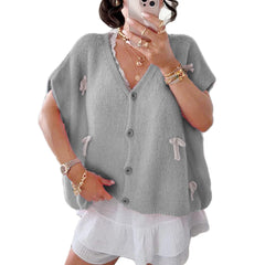 Bow V-Neck Short Sleeve Cardigan