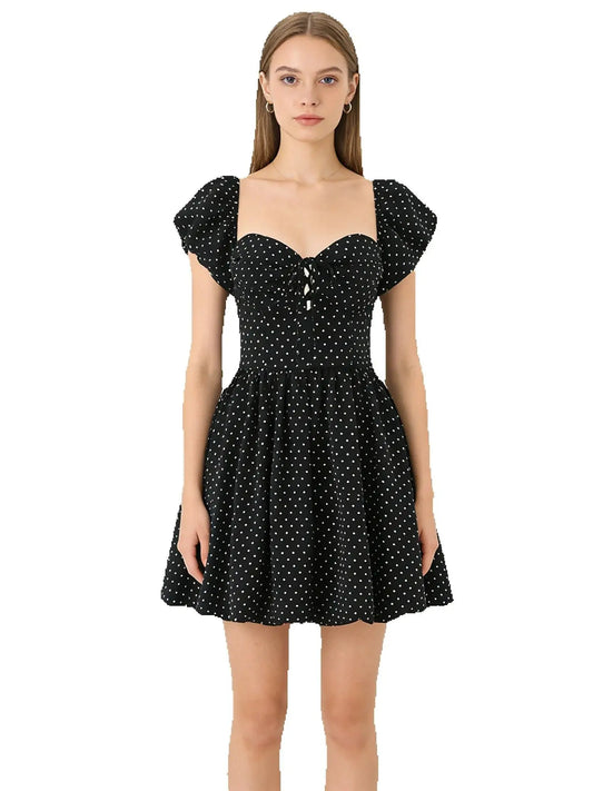 Black Dot Print Puff Sleeve Mini Dress