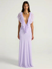 Purple Ruffle Neck Mesh Maxi Dress