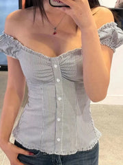 Ruffle Hem Short Sleeve Button Up Top