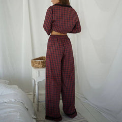 Gingham Bow Tie Long Sleeve Shirt And Pants Pajama Sets