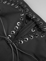 Black Lace-up Long Dress With Mesh Scarf