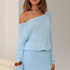 Blue Knit Long Sleeve Off Shoulder Top