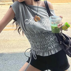 Ruched Drawstring Letter Print Grey Graphic Tee