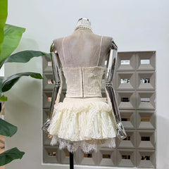 3D Floral Strap Corset Top And Elastic Waist Tiered Mini Skirt Set