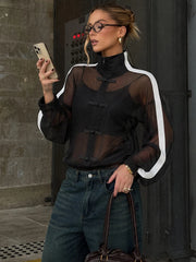 Black Mesh Patchwork Stripe Decoration Jacket
