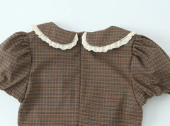 Brown Plaid Puff Short Sleeve Peterpan Collar Mini Dress