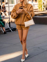 Brown Suede Zipper Jacket With Shorts