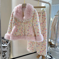Colorful Polka Dot Fur Trim Short And Pants Loungewear Set
