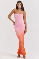 Pink Gradient Strapless Ruched Maxi Dress